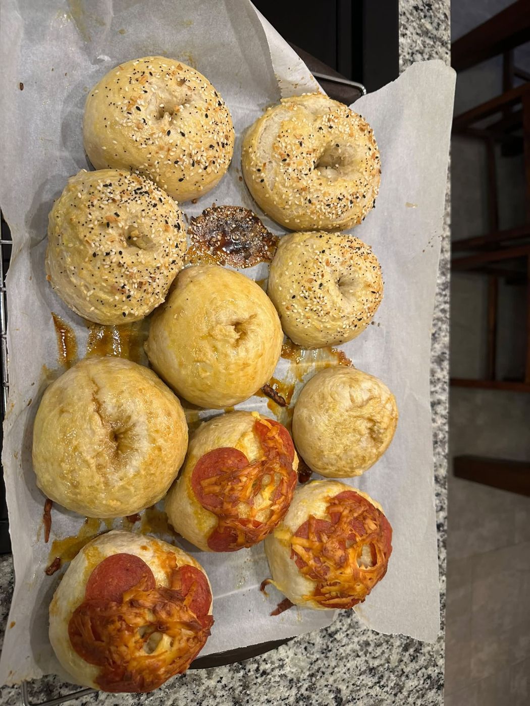 A tray of fresh sourdough bagels